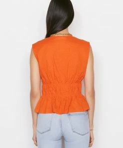 Frame-denim Women Ruched V-Neck Sleeveless Blouse -- Orange Crush