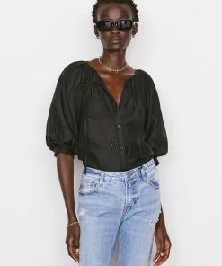 Frame-denim Eyelet Puff Sleeve Shirt -- Noir