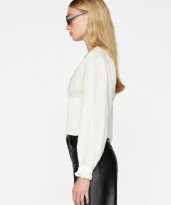 Frame-denim V-Neck Smocked Top -- Off White Women