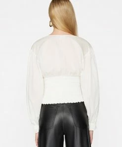 Frame-denim V-Neck Smocked Top -- Off White Women