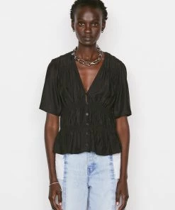 Frame-denim Women Ruched V-Neck Short Sleeve Blouse -- Noir
