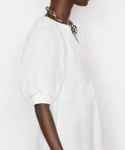 Frame-denim Eyelet Puff Sleeve Dress -- Blanc