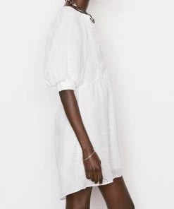 Frame-denim Eyelet Puff Sleeve Dress -- Blanc