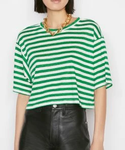 Frame-denim Women Striped Boxy Crop Tee -- Court Green Multi