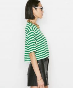 Frame-denim Women Striped Boxy Crop Tee -- Court Green Multi