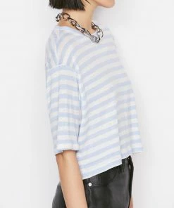 Frame-denim Striped Boxy Crop Tee -- Chambray Blue Multi