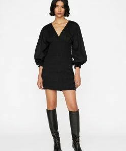 Frame-denim Women V-Neck Smocked Dress -- Noir