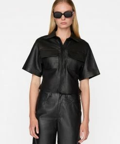 Frame-denim Women Leather Safari Shirt -- Noir