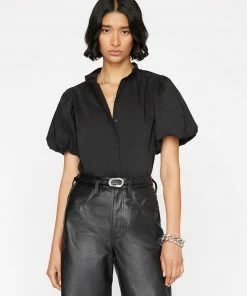Frame-denim Women Pleated Puff Sleeve Top -- Noir