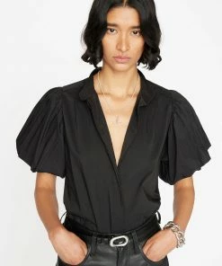 Frame-denim Women Pleated Puff Sleeve Top -- Noir