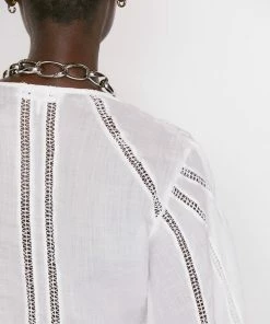 Frame-denim Women Inset Lace Empire Blouse -- Blanc