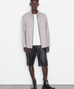 Frame-denim Modern Leather Long Sleeve Zip Shirt -- Canvas Beige