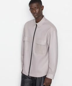 Frame-denim Modern Leather Long Sleeve Zip Shirt -- Canvas Beige