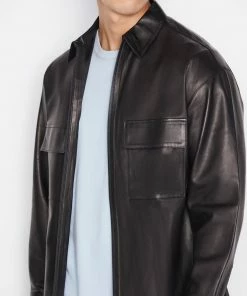 Frame-denim Men Modern Leather Long Sleeve Zip Shirt -- Noir