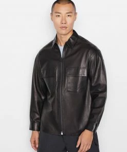 Frame-denim Men Modern Leather Long Sleeve Zip Shirt -- Noir