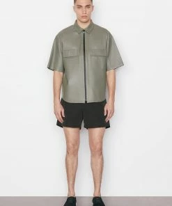Frame-denim Modern Leather Short Sleeve Zip Shirt -- Grey Green Men