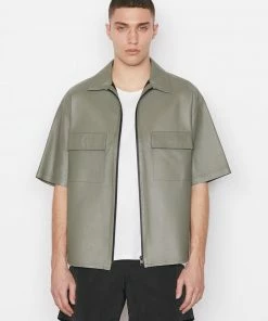 Frame-denim Modern Leather Short Sleeve Zip Shirt -- Grey Green Men