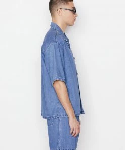 Frame-denim Short Sleeve Silk Denim Shirt -- Blue Jean Men