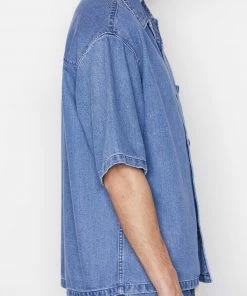Frame-denim Short Sleeve Silk Denim Shirt -- Blue Jean Men