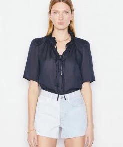 Frame-denim Tie-Neck Ruffle Popover -- Navy