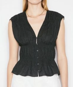 Promo ๐ Frame-denim Ruched V-Neck Sleeveless Blouse -- Noir ๐งจ 6 Frame-denim Ruched V-Neck Sleeveless Blouse -- Noir