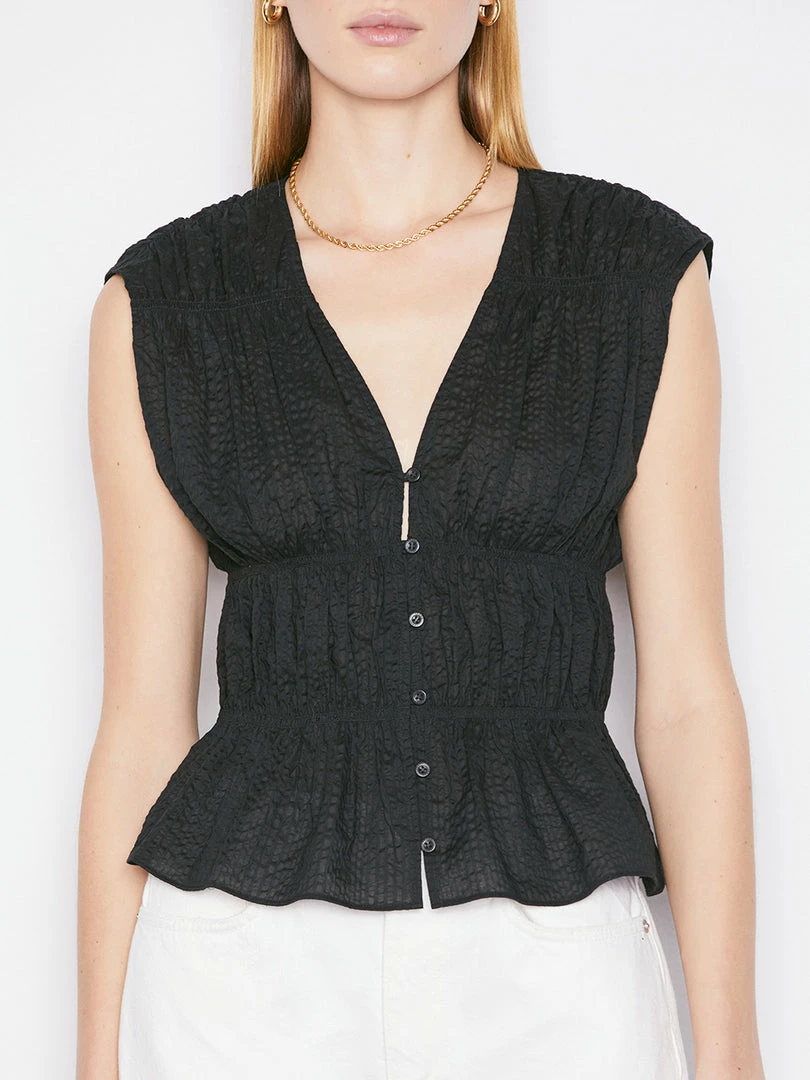 Promo ๐ Frame-denim Ruched V-Neck Sleeveless Blouse -- Noir ๐งจ 3 Frame-denim Ruched V-Neck Sleeveless Blouse -- Noir