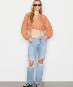 Frame-denim Women Shirred Crop Eyelet Blouse -- Terracotta