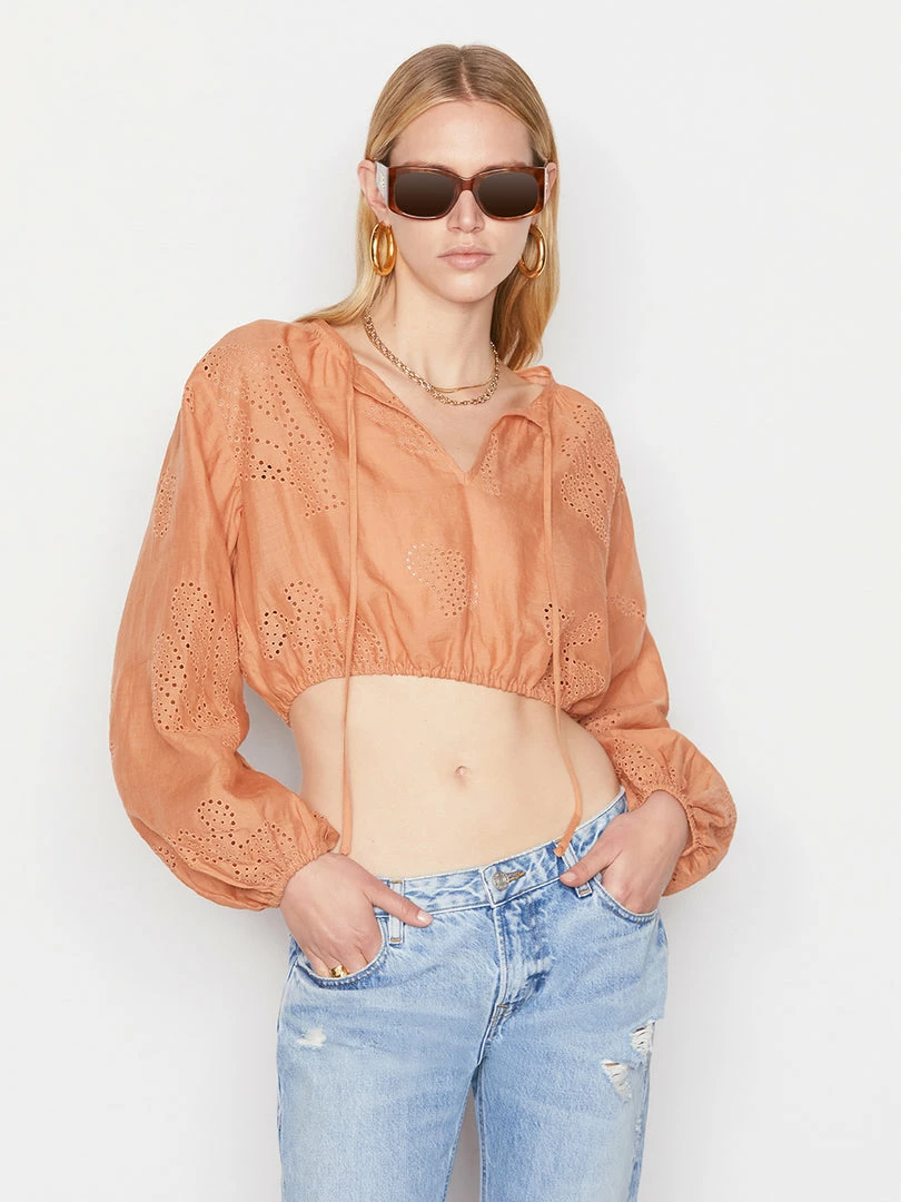 Brand new โค๏ธ Frame-denim ๐ฉ Women Shirred Crop Eyelet Blouse -- Terracotta ๐ 1 Frame-denim Women Shirred Crop Eyelet Blouse -- Terracotta