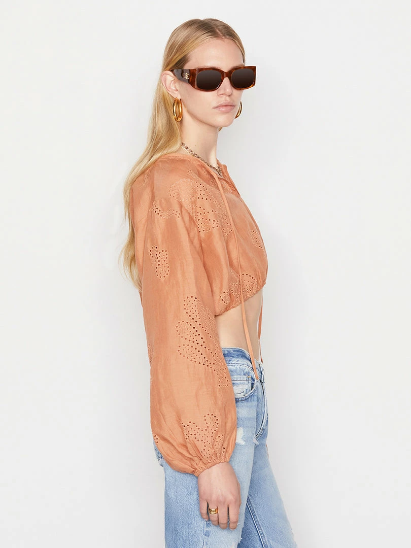 Brand new โค๏ธ Frame-denim ๐ฉ Women Shirred Crop Eyelet Blouse -- Terracotta ๐ 5 Frame-denim Women Shirred Crop Eyelet Blouse -- Terracotta