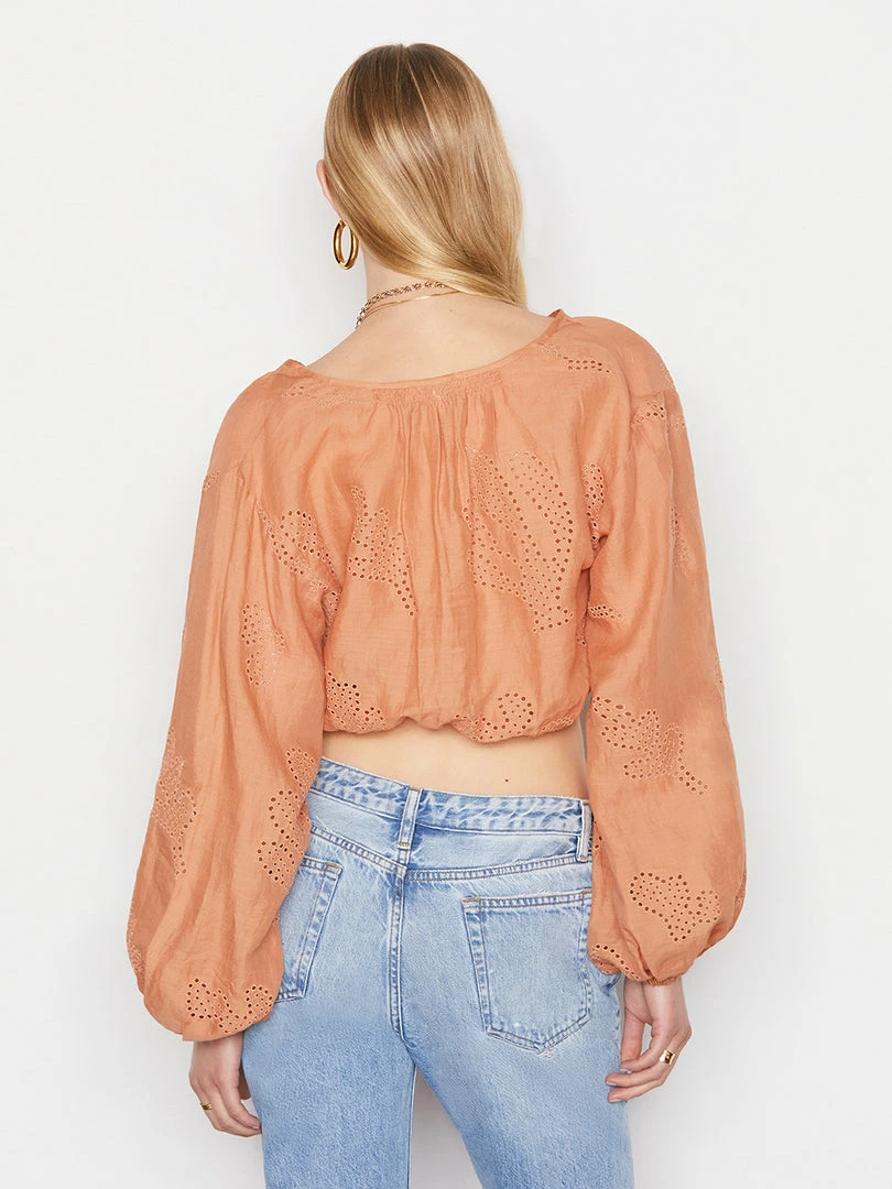 Brand new โค๏ธ Frame-denim ๐ฉ Women Shirred Crop Eyelet Blouse -- Terracotta ๐ 7 Frame-denim Women Shirred Crop Eyelet Blouse -- Terracotta